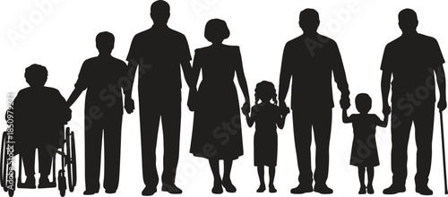 Large Family Silhouette Illustration, Multi-Generation Parents and Children Standing Together, Vector Art