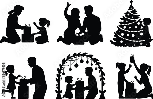 Family Celebration Silhouette Set, Parents and Children Moments, Holiday Activities and Togetherness, Black Vector Illustration