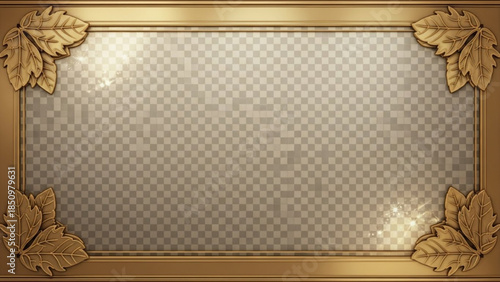 Golden ornate frame with leaf decorations on a transparent background