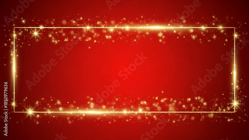 Golden sparkly rectangle frame with glittering lights on red background for festive designs and celebrations