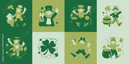 Cheerful stylized leprechauns celebrating with lucky shamrocks and pots of gold for a festive St Patricks Day