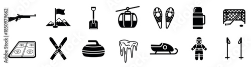 Set of black winter sport icons featuring a biathlon rifle, skiing, hockey, curling, and a snowmobile for outdoor recreation and competition in a simple glyph style