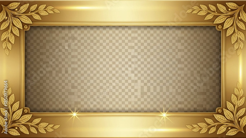 Golden frame with laurel leaves and sparkles on a transparent background for award or certificate