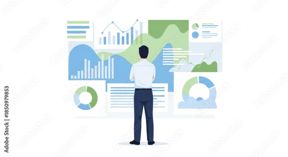 Fototapeta premium Man Analyzing Data Visualizations on Wall Screens