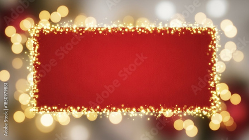 A red rectangle with a gold glitter border on a blurry background of lights