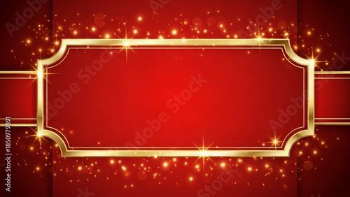 Luxurious gold frame on red background with sparkles and glitter