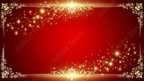 Luxurious gold sparkles and stars on a rich red background with ornate border design element