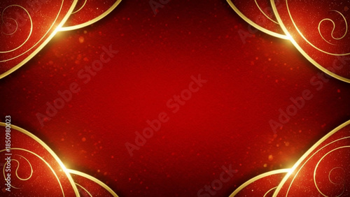 Vibrant red background with golden swirls and sparkles decorative elements