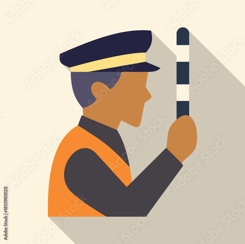 Traffic controller wearing uniform and safety vest holding a baton controlling traffic