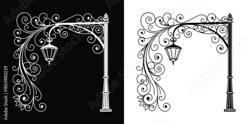 An ornate street lamp illustration with swirling details, presented in both black on white and white on black versions, isolated on white background