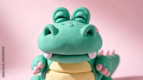 Cute Green Clay Alligator with Pink Background, Adorable Handmade Craft.
