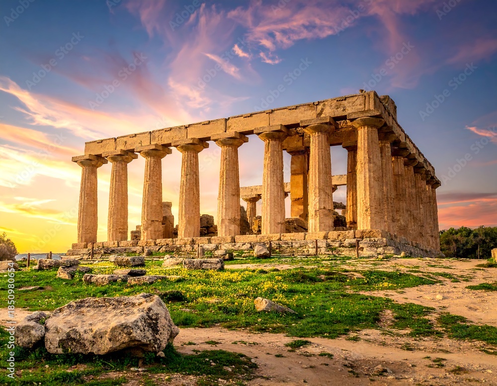 Fototapeta premium Ancient Greek temple at sunset, columns silhouetted against sky