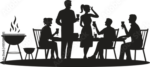 Family Outdoor Barbecue Silhouette Illustration, Summer Gathering, People Cooking and Dining Together, Black Vector Art