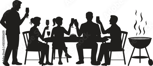 Family dinner barbecue silhouette gathering scene isolated on white background vector illustration