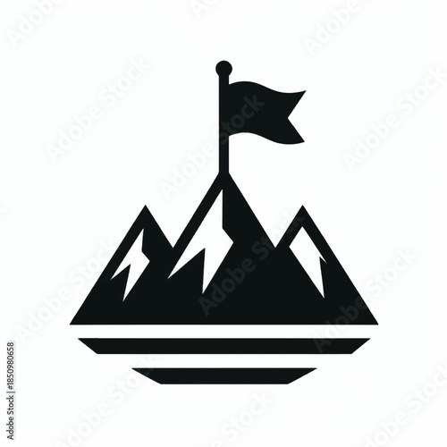 Mountain peak with flag representing achievement and success in business.
