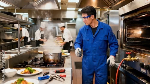 Worker installing gas hookup on highcapacity oven inside a bustling restaurant kitchen emphasizing precision and technical skill.
