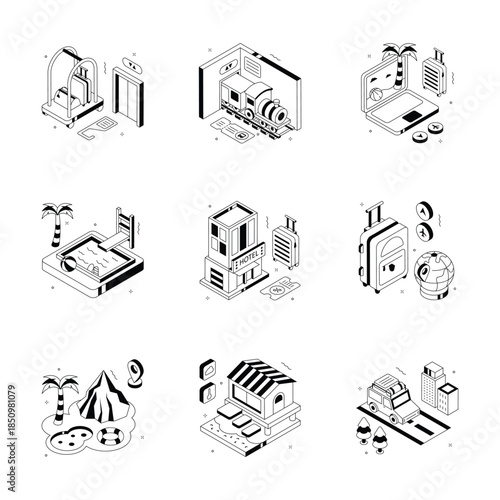 Have a look at this amazing isometric illustrations set of travel and accommodation