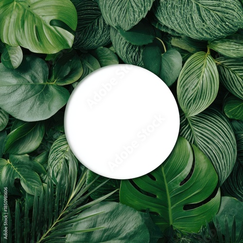 Green foliage fills the frame around a central white circle