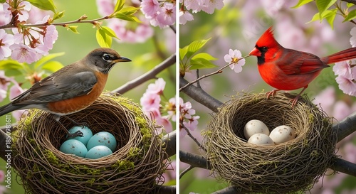 Birds nesting in spring with cherry blossoms
