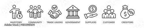 Stakeholder banner icon investors, community, trade unions, government, suppliers, customer, creditors