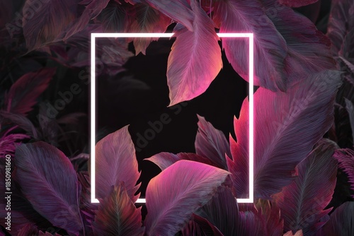 Luminous frame amidst dark leaves; pink & purple hues