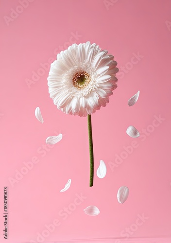 Gerbera bloom with floating petals isolated on pink, minimalist