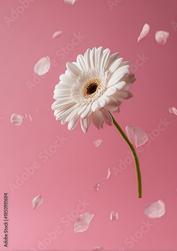 White daisy levitates, petals scattered against pastel pink background