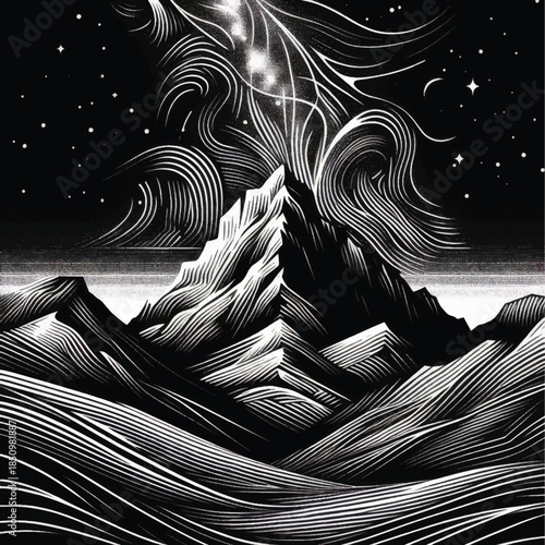 Stylized Mountain Range with Ethereal Light Black and White Engraving.