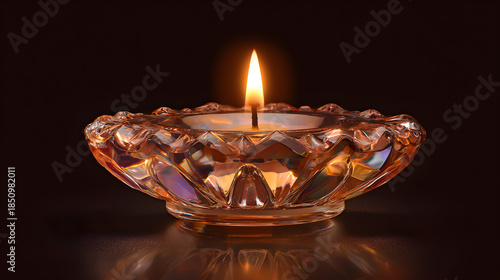 A glowing burning candle in a glass emits a romantic golden flame and warm candlelight against the dark black night background for a festive Christmas holiday celebration and xmas decoration