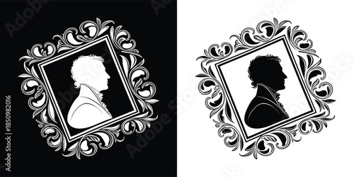 Vintage portrait silhouette in ornate frame, capturing the essence of a bygone era with its intricate details and timeless appeal, isolated on white background