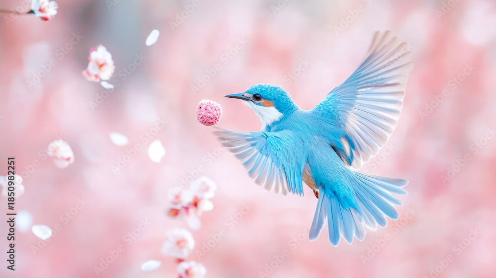 Obraz premium Vibrant turquoise bird in mid-flight gracefully reaching for pink, textured treat against soft, ethereal backdrop of falling cherry blossoms and bokeh lights