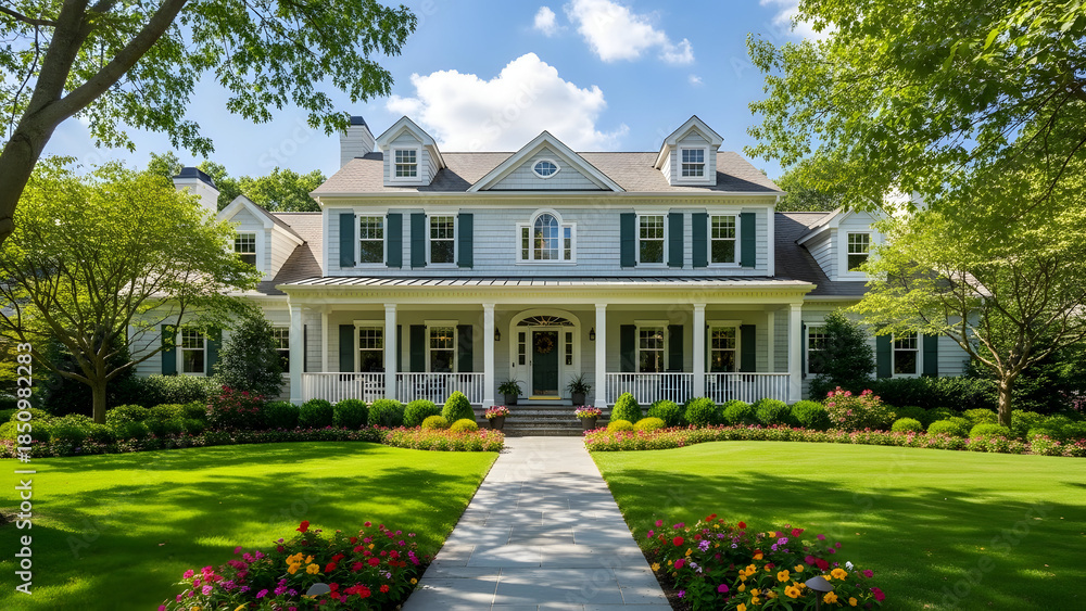 Obraz premium Beautiful white two story house with large front yard and porch