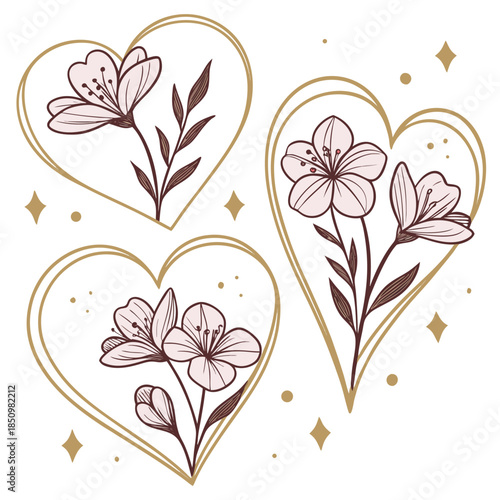 Elegant floral hearts with delicate flower arrangements and sparkling accents beautiful botanical illustrations perfect for romantic designs and decorative elements