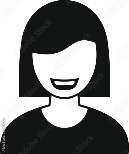 Minimalist vector graphic depicting a smiling woman with a bob haircut, conveying happiness and simplicity