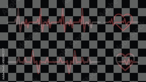 Red electrocardiogram lines and heart shapes on a grey and black checkerboard background