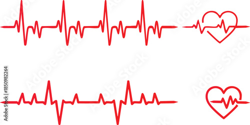 Red electrocardiogram lines and heart shape with heartbeat line