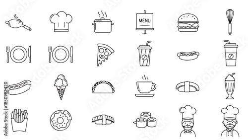 Food and restaurant vector icon set, cooking, menu, fast food, chef, minimal outline style, scalable vector