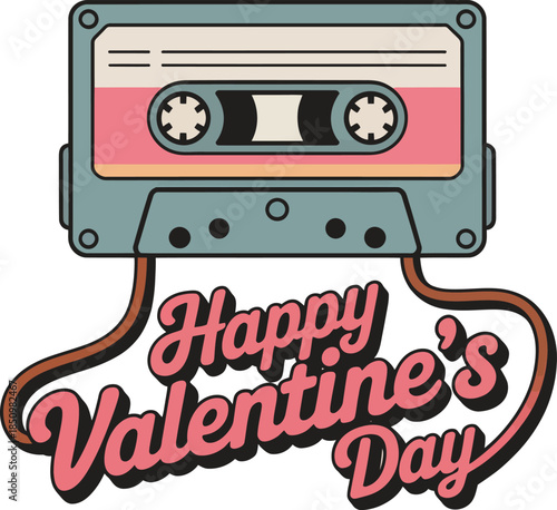 Happy Valentine’s Day retro cassette tape illustration, vintage music love concept, nostalgic romantic typography design isolated on white background