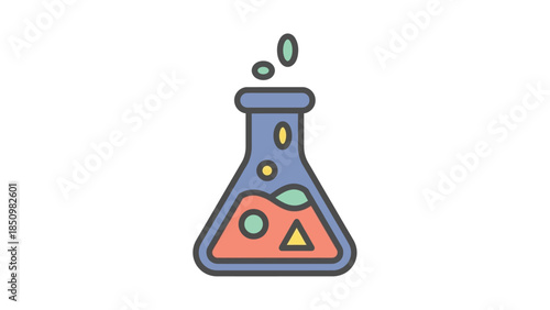 Colorful Chemical Flask with Bubbles and Geometric Shapes.