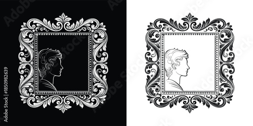 An elegant black and white portrait silhouette framed by an ornate baroque frame, creating a vintage and timeless aesthetic isolated on white background