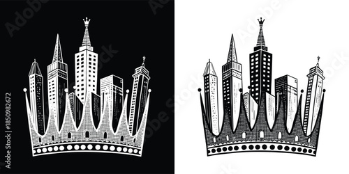 A striking black and white illustration featuring a cityscape nestled within a crown, isolated on white background, symbolizing power and urban grandeur