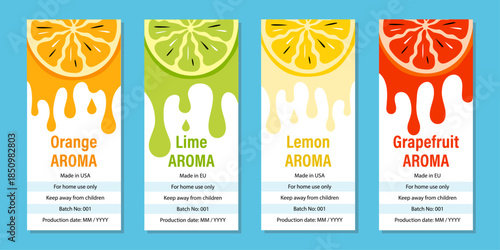 Vertical Citrus Label Set with Dripping Fruit Design. Hand-Drawn Lemon, Lime and Grapefruit Labels