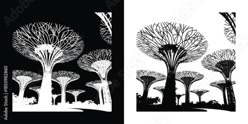 A striking monochrome illustration showcases the iconic supertrees of gardens by the bay, singapore, against contrasting black and white backgrounds