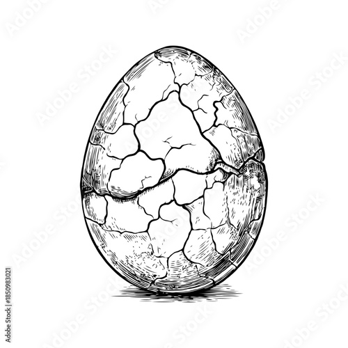Cracked egg with intricate linework in hand-drawn sketch style on clean white background, concept of fragility and transformation