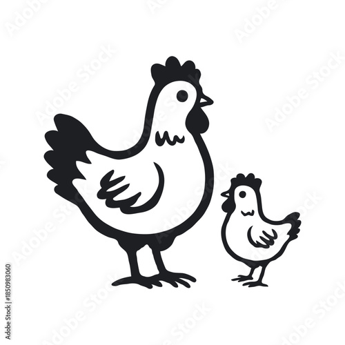 Stylized black drawing of a hen and chick in cartoonish graphic style on white background, representing a farm animal and motherhood concept