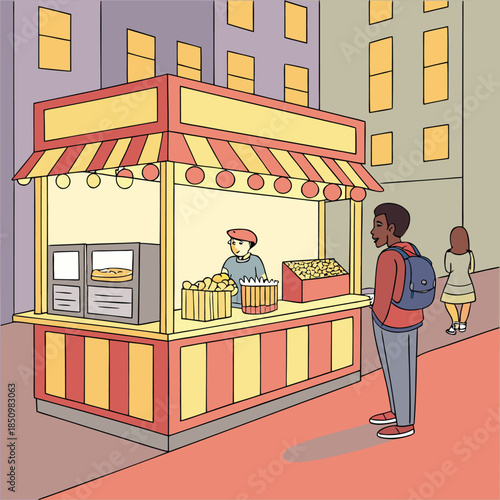 Man looks at street food stall with various snacks, including hot dogs, popcorn, and other items, while vendor stands ready to serve customers