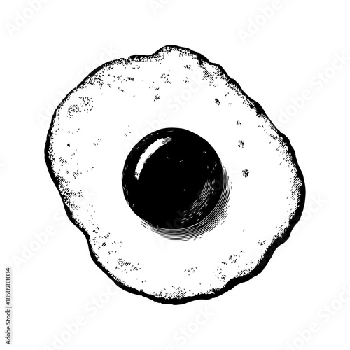 Fried egg with dark yolk sketched in hand-drawn vintage style on a plain white background, representing rustic cooking or breakfast concept