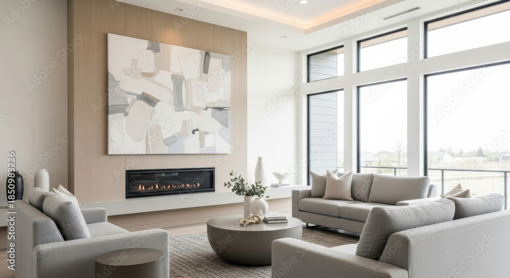 Fototapeta premium Modern Living Room with Large Windows and Neutral Sofa