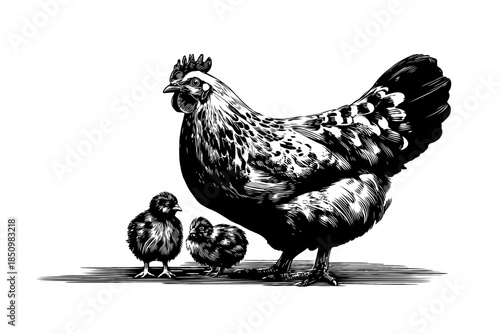 Mother hen and two chicks illustrated in detailed ink drawing style on white background, symbolizing care, family, and rural life