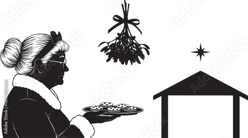 A silhouette illustration of mrs. claus with cookies, mistletoe, and a nativity scene isolated on transparent background, Vector